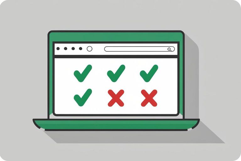 Laptop graphic showing a website browser window with checkmarks and red crosses demonstrating website accessibility.