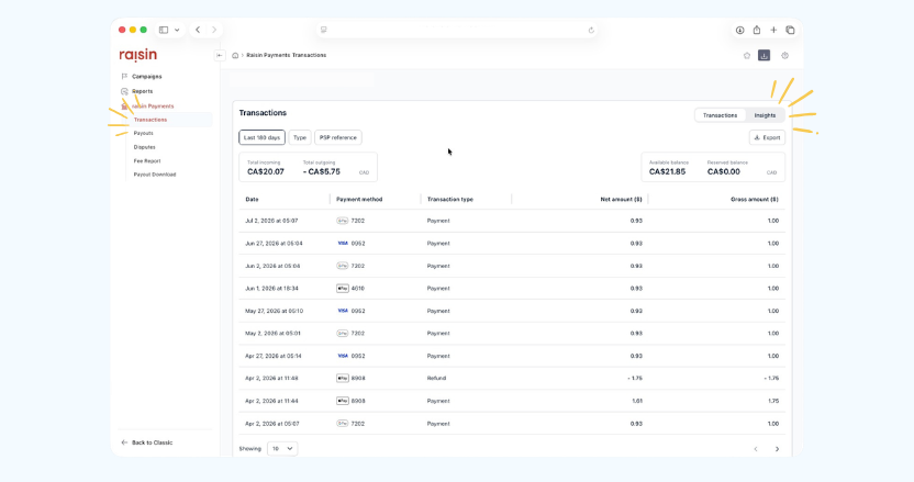 Screenshot of transaction journal on raisin Payments with new look and feel.