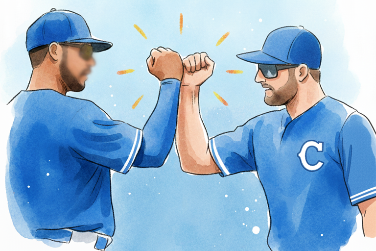 Illustration of two baseball players in blue uniforms fist bumping, representing shared leadership for Team Co-Captains.