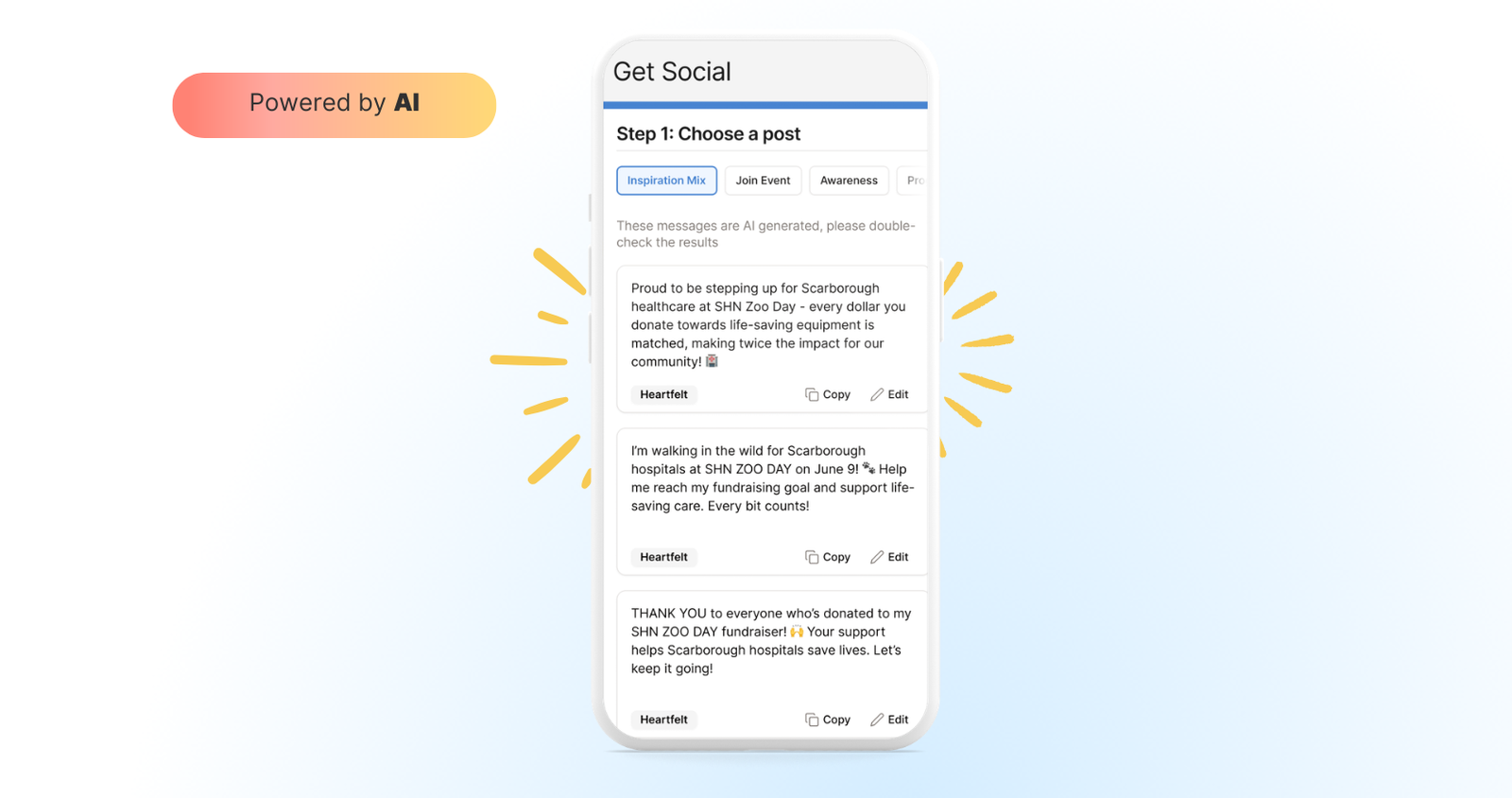 AI-generated social posts on a mobile phone in the raisin Fundraising Portal for Peer-to-Peer fundraising events