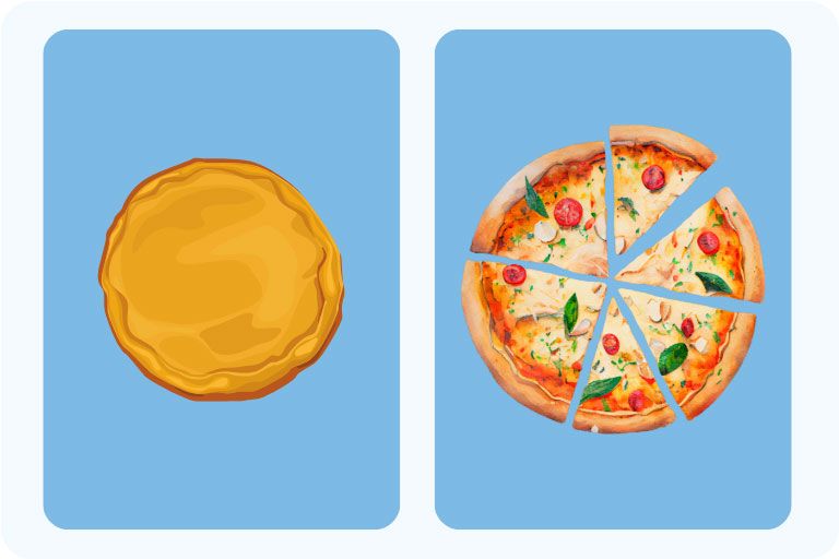 Illustration of a plain cheese pizza beside a sliced artisan pizza, comparing donation forms to a broader fundraising menu.