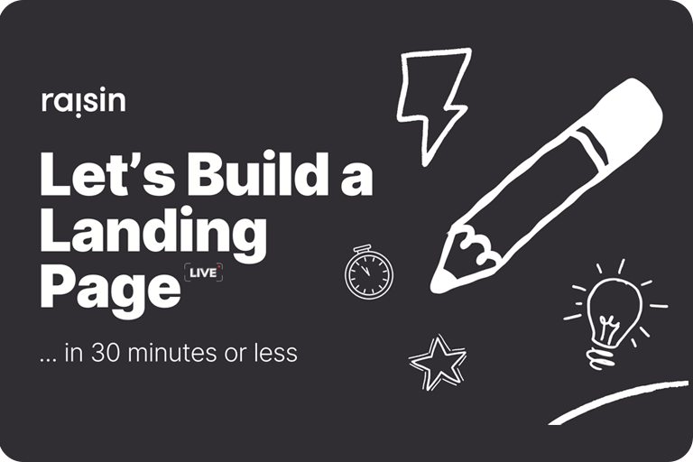 Webinar graphic that reads Let’s Build a Landing Page live in 30 minutes or less, with a pencil, light bulb, stopwatch, lightning bolt, and star.