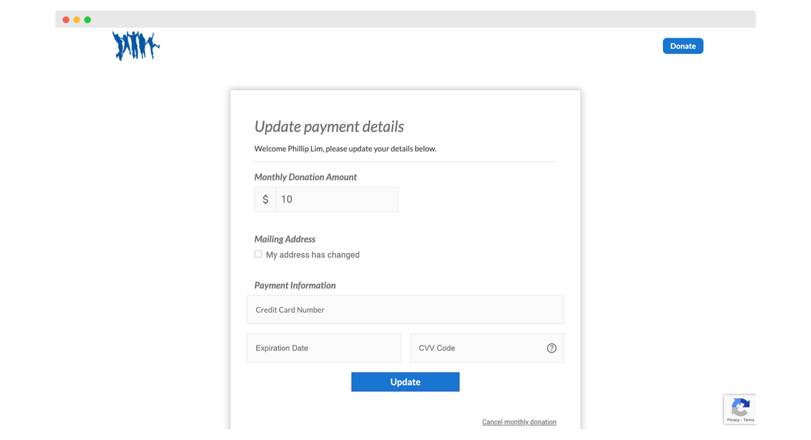 Screenshot of recurring portal for a donor