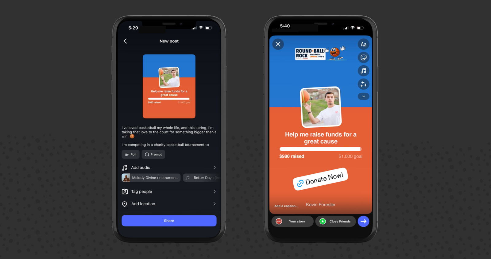 Side by side phones, one on left is showing an Instagram post shared from raisin; on the left is an Instagram story shared from raisin Peer-to-Peer fundraising page.