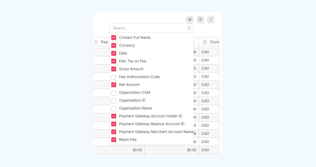 Filters in Fee Dashboard on raisin Payments