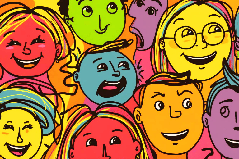 Colourful illustration of smiling faces representing community and social connection in peer-to-peer fundraising.