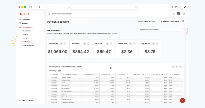 View of new Fee Dashboard on raisin Payments
