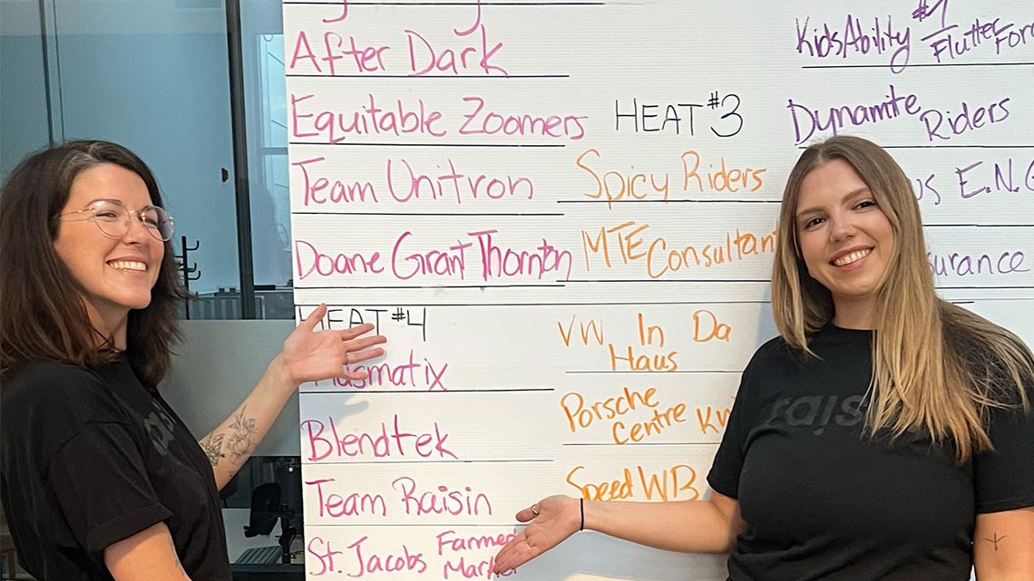 Two members of the raisin Team pointing at "Team raisin" on a scoreboard