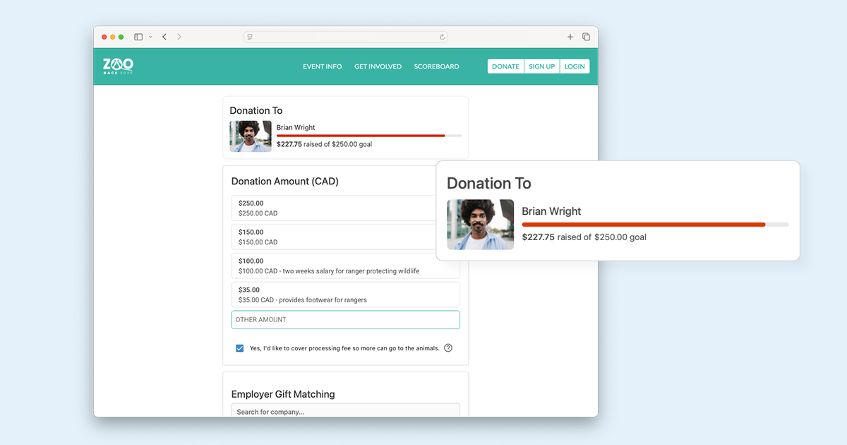 Peer-to-peer donation form with image of participant and their fundraising thermometer prominent on the screen