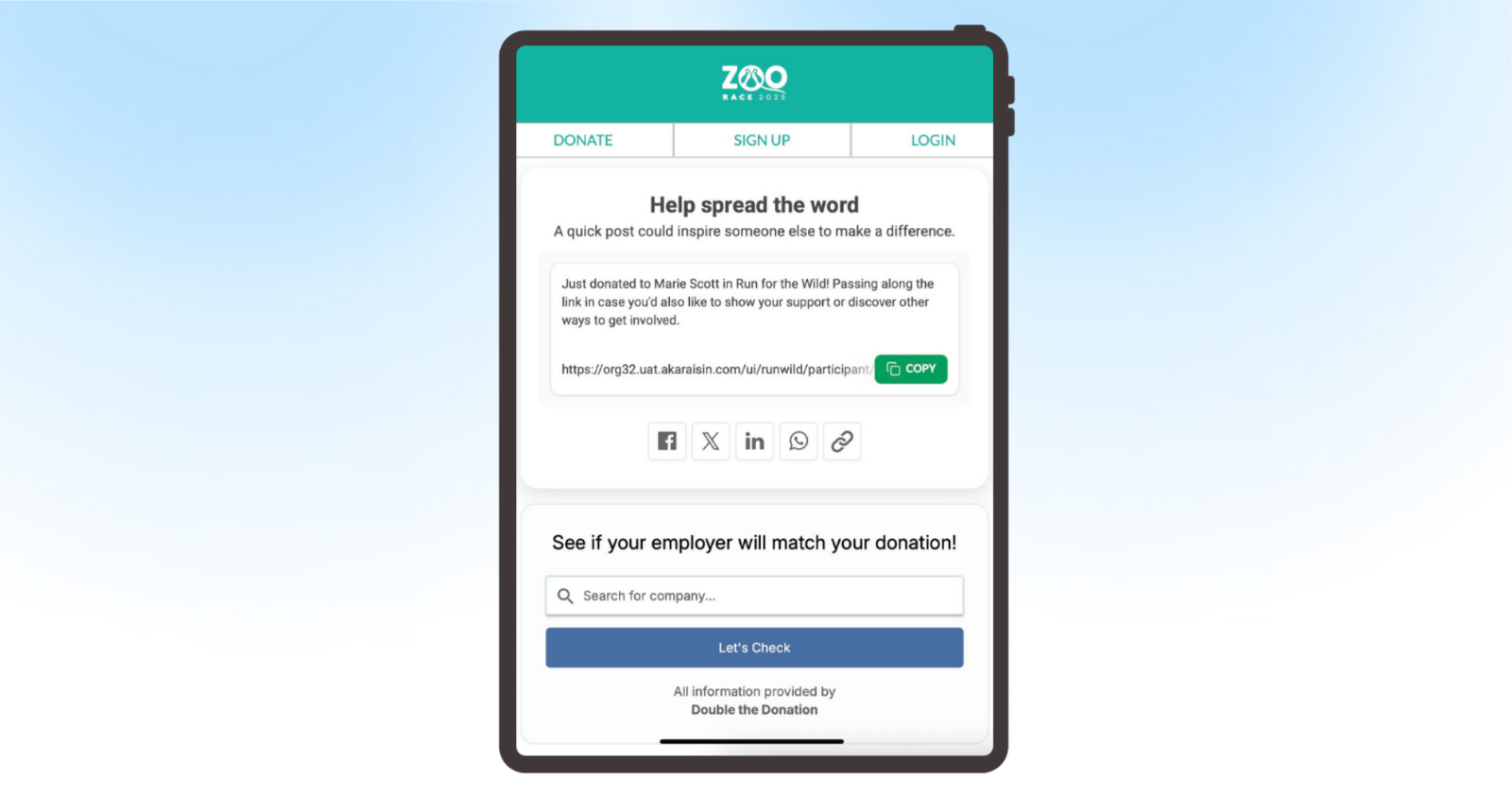 Tablet with donation "Thank You" page after a successful peer-to-peer donation. Options to share to Facebook, X and LinkedIn with a pre-formatted message on screen.