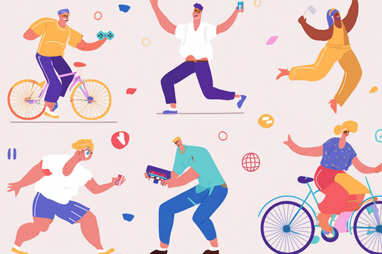 Illustration of people biking, dancing, gaming, and taking photos to represent creative peer-to-peer fundraising activities.