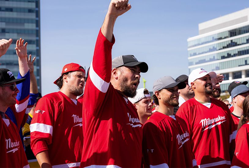 Road Hockey player celebrating with fist in the air