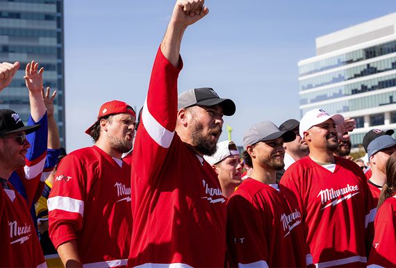 Road Hockey player celebrating with fist in the air